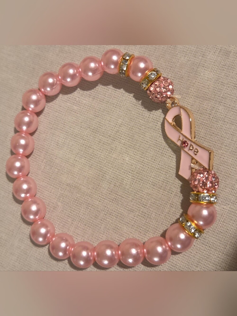 Pink Awareness Pearl Stretch Bracelet with Ribbon Charm